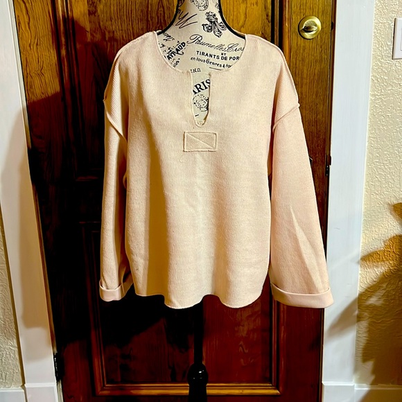 Chic Light Tan Sweater with V-Neck and Cutout Detail - Picture 1 of 5